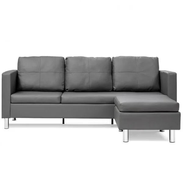 Canapé d'Angle 3 Places Convertible avec Méridienne Réversible en Cuir PU Gris 188x62x60CM pour Salon Appartement Séjour