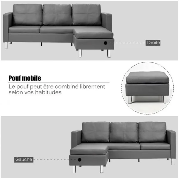 Canapé d'Angle 3 Places Convertible avec Méridienne Réversible en Cuir PU Gris 188x62x60CM pour Salon Appartement Séjour