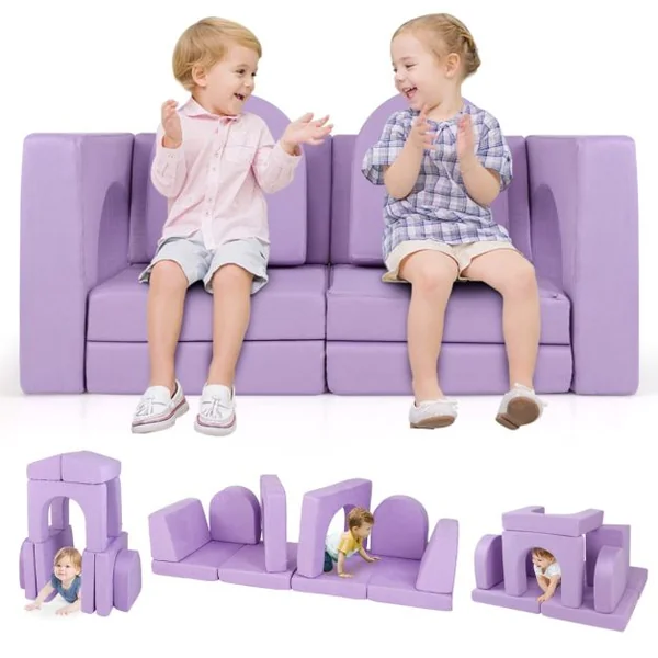 Canapé de Jeu Modulaire pour Enfants 8 Pièces Ensemble de Jeu Convertible en Mousse pour Grimper et Ramper Gris/Violet