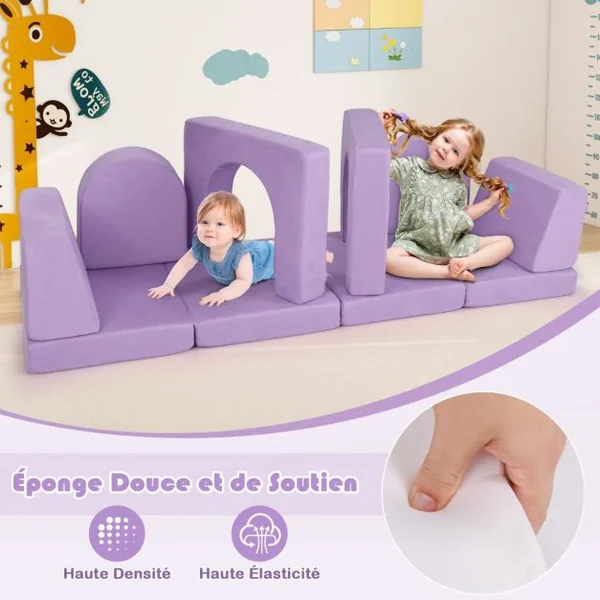 Canapé de Jeu Modulaire pour Enfants 8 Pièces Ensemble de Jeu Convertible en Mousse pour Grimper et Ramper Gris/Violet