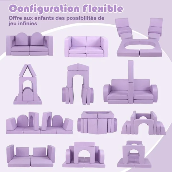 Canapé de Jeu Modulaire pour Enfants 8 Pièces Ensemble de Jeu Convertible en Mousse pour Grimper et Ramper Gris/Violet