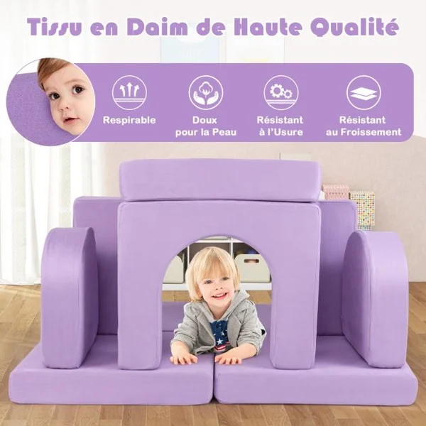 Canapé de Jeu Modulaire pour Enfants 8 Pièces Ensemble de Jeu Convertible en Mousse pour Grimper et Ramper Gris/Violet