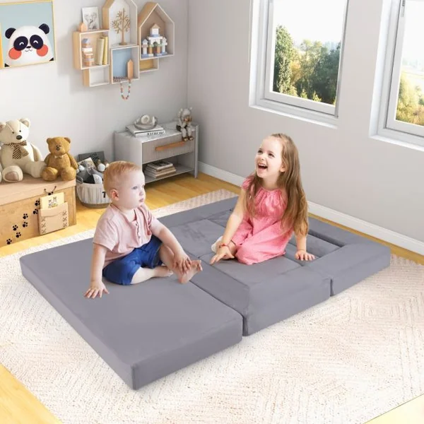 Canapé de Jeu Modulaire pour Enfants 9 Pièces Ensemble de Jeu Convertible en Mousse pour Grimper et Ramper Beige/Gris