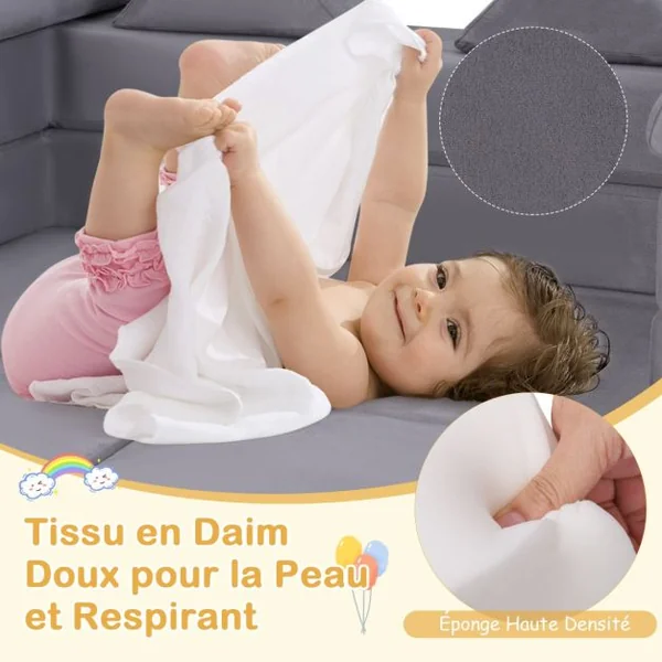 Canapé de Jeu Modulaire pour Enfants 9 Pièces Ensemble de Jeu Convertible en Mousse pour Grimper et Ramper Beige/Gris