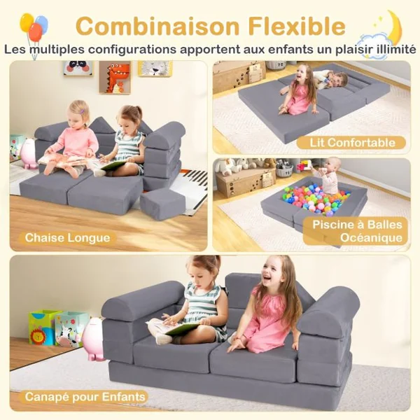Canapé de Jeu Modulaire pour Enfants 9 Pièces Ensemble de Jeu Convertible en Mousse pour Grimper et Ramper Beige/Gris