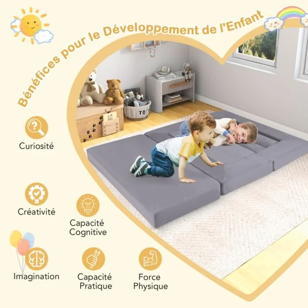 Canapé de Jeu Modulaire pour Enfants 9 Pièces Ensemble de Jeu Convertible en Mousse pour Grimper et Ramper Beige/Gris