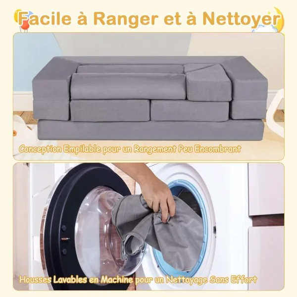 Canapé de Jeu Modulaire pour Enfants 9 Pièces Ensemble de Jeu Convertible en Mousse pour Grimper et Ramper Beige/Gris