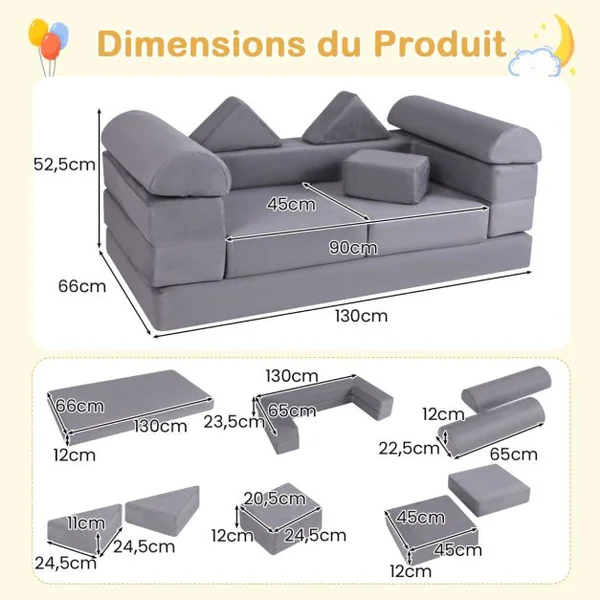 Canapé de Jeu Modulaire pour Enfants 9 Pièces Ensemble de Jeu Convertible en Mousse pour Grimper et Ramper Beige/Gris
