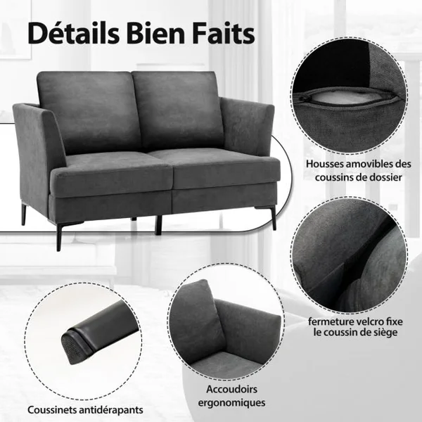 Canapé Droit 2 Places Moderne - 2 Coussins Amovibles - L 141 x P 80 x H 72 cm en Tissu de Lin Gris