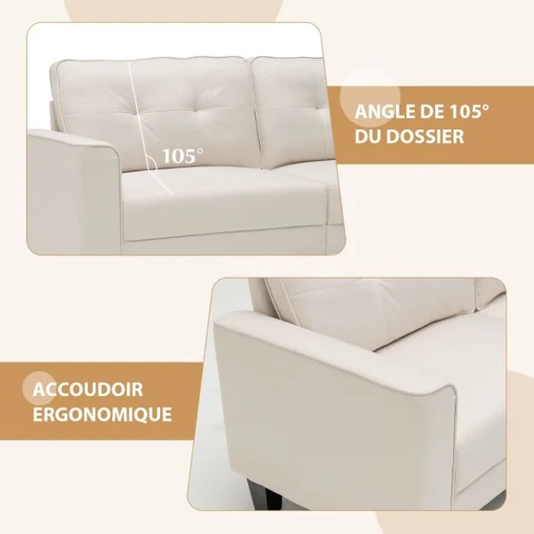 Canapé Droit 3 Places L 200 x P 75 x H 94 cm Pieds en bois Style Scandinave avec 2 Coussins Beige