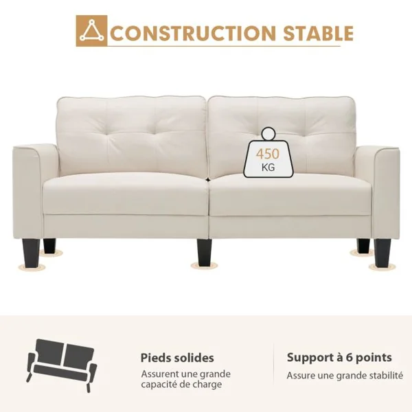 Canapé Droit 3 Places L 200 x P 75 x H 94 cm Pieds en bois Style Scandinave avec 2 Coussins Beige