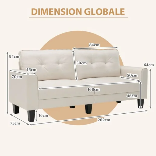 Canapé Droit 3 Places L 200 x P 75 x H 94 cm Pieds en bois Style Scandinave avec 2 Coussins Beige
