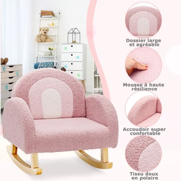 Canapé Enfant à Bascule en Peluche Fauteuil Charge 50kg Jolis Cadeaux pour Garçon Fille de 3-5 ans Rose/Gris