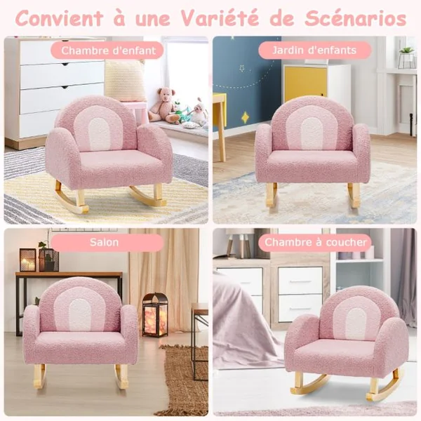Canapé Enfant à Bascule en Peluche Fauteuil Charge 50kg Jolis Cadeaux pour Garçon Fille de 3-5 ans Rose/Gris