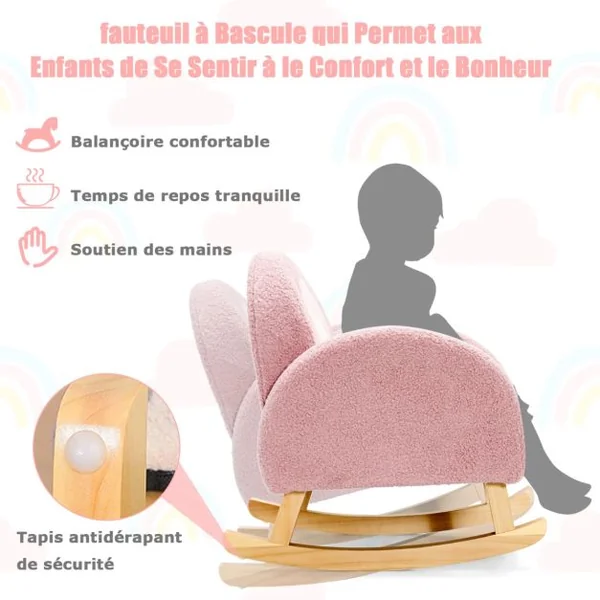 Canapé Enfant à Bascule en Peluche Fauteuil Charge 50kg Jolis Cadeaux pour Garçon Fille de 3-5 ans Rose/Gris