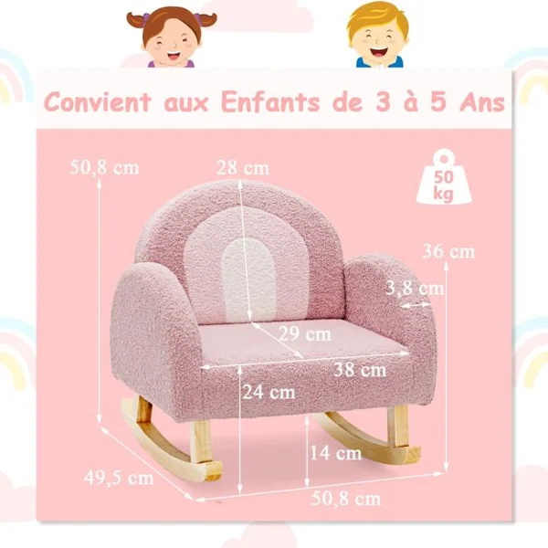 Canapé Enfant à Bascule en Peluche Fauteuil Charge 50kg Jolis Cadeaux pour Garçon Fille de 3-5 ans Rose/Gris
