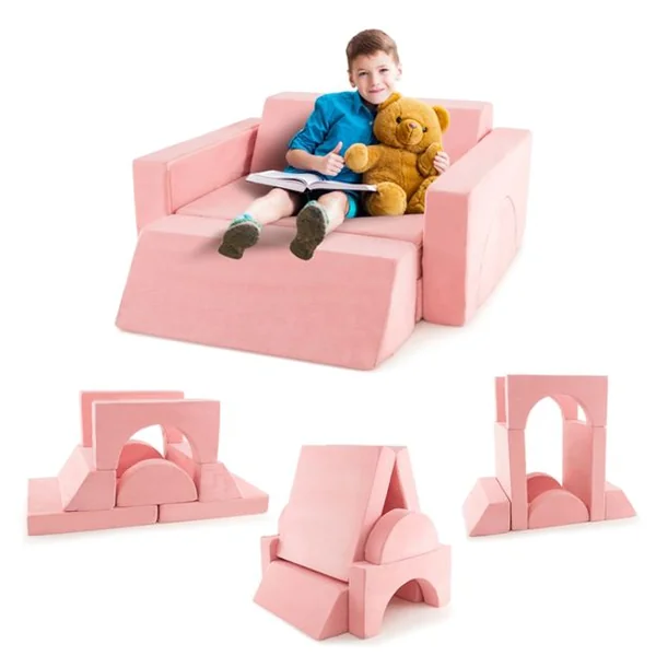 Canapé Enfants 8 Pièces avec Combinaisons Multiples Fauteuil Convertible en Tissu Shédine avec Housse Amovible pour 12 Mois+ Rose/Gris