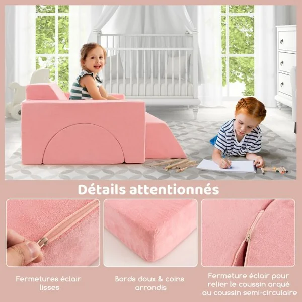 Canapé Enfants 8 Pièces avec Combinaisons Multiples Fauteuil Convertible en Tissu Shédine avec Housse Amovible pour 12 Mois+ Rose/Gris