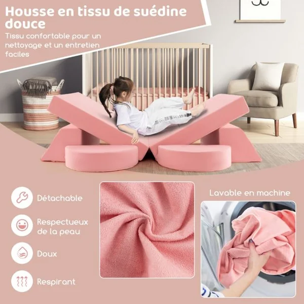 Canapé Enfants 8 Pièces avec Combinaisons Multiples Fauteuil Convertible en Tissu Shédine avec Housse Amovible pour 12 Mois+ Rose/Gris