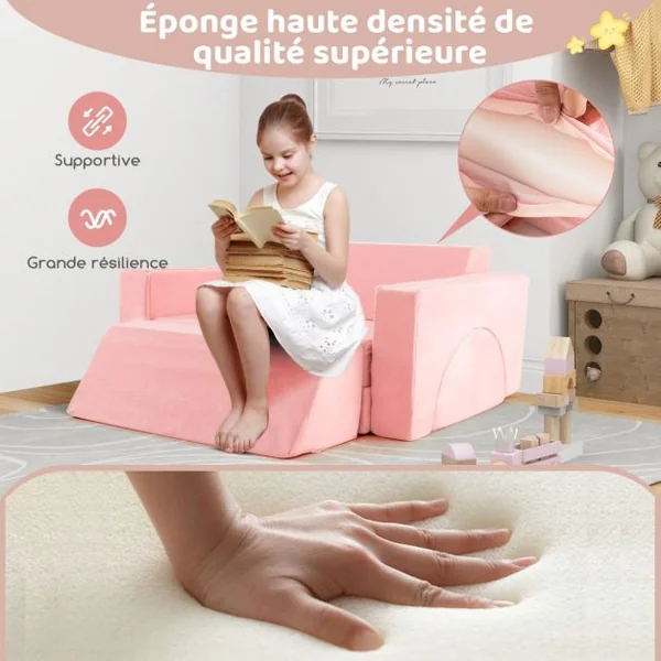 Canapé Enfants 8 Pièces avec Combinaisons Multiples Fauteuil Convertible en Tissu Shédine avec Housse Amovible pour 12 Mois+ Rose/Gris