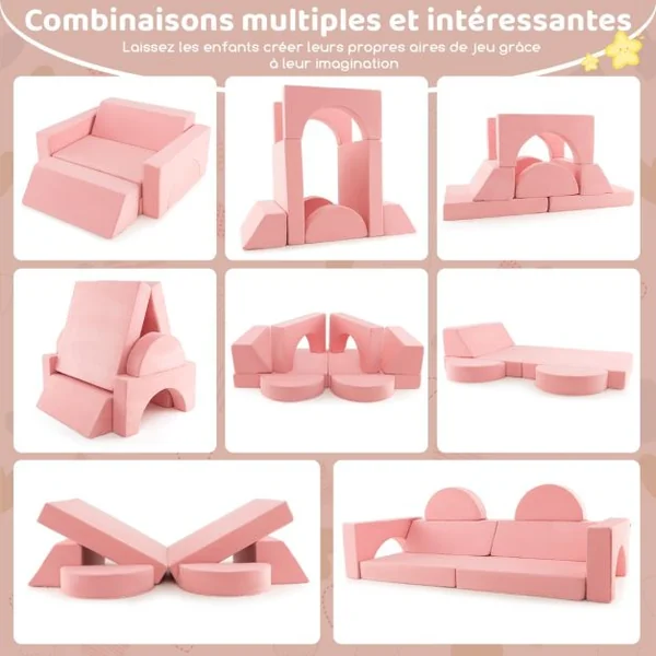 Canapé Enfants 8 Pièces avec Combinaisons Multiples Fauteuil Convertible en Tissu Shédine avec Housse Amovible pour 12 Mois+ Rose/Gris