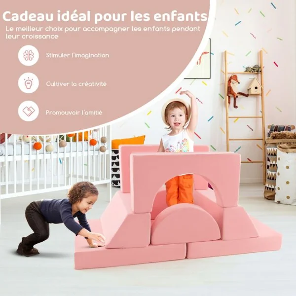 Canapé Enfants 8 Pièces avec Combinaisons Multiples Fauteuil Convertible en Tissu Shédine avec Housse Amovible pour 12 Mois+ Rose/Gris