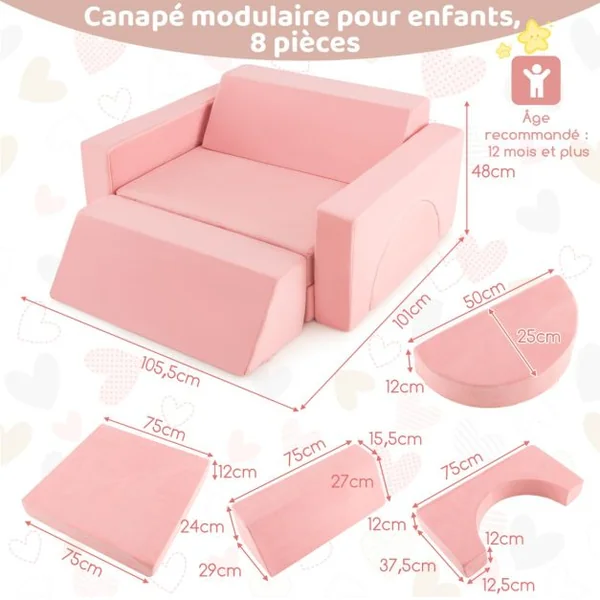 Canapé Enfants 8 Pièces avec Combinaisons Multiples Fauteuil Convertible en Tissu Shédine avec Housse Amovible pour 12 Mois+ Rose/Gris