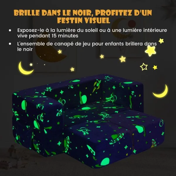 Canapé Enfants Lumineux Brillant dans le Noir 5 en 1 Housse Amovible et Lavable Canapé Convertible pour 3 Ans+ 107*52*41.5cm Gris