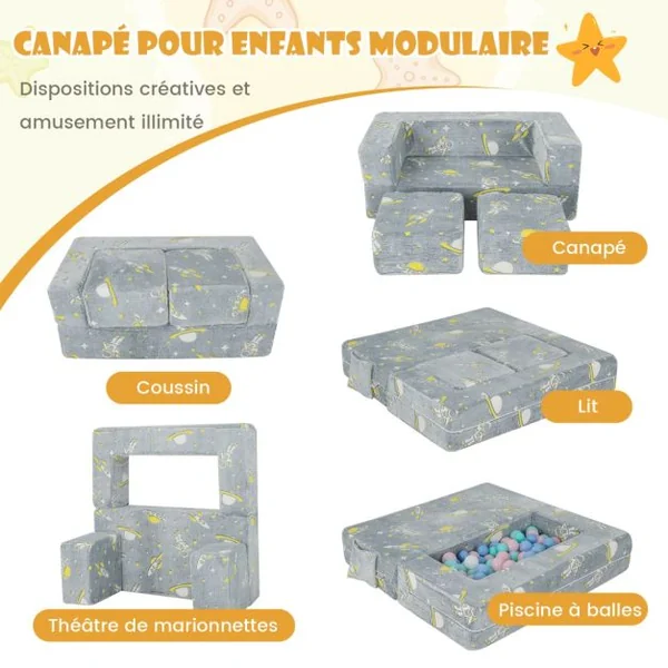 Canapé Enfants Lumineux Brillant dans le Noir 5 en 1 Housse Amovible et Lavable Canapé Convertible pour 3 Ans+ 107*52*41.5cm Gris