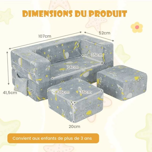 Canapé Enfants Lumineux Brillant dans le Noir 5 en 1 Housse Amovible et Lavable Canapé Convertible pour 3 Ans+ 107*52*41.5cm Gris