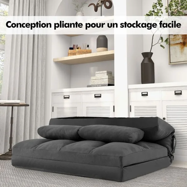 Canapé Lit Convertible en Velours Pliable Dossier Réglable à 6 Niveaux avec 2 Coussins Gris Clair/Gris Foncé