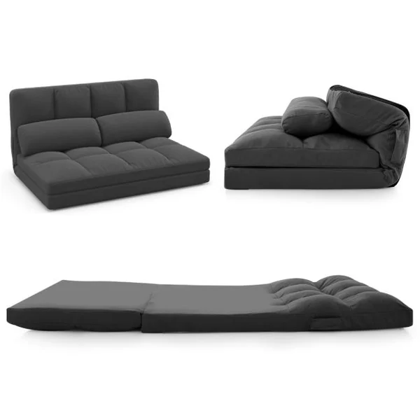 Canapé Lit Convertible en Velours Pliable Dossier Réglable à 6 Niveaux avec 2 Coussins Gris Clair/Gris Foncé