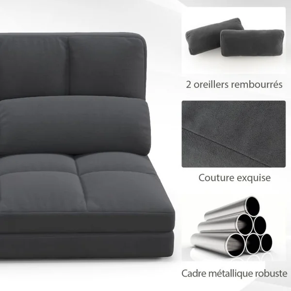 Canapé Lit Convertible en Velours Pliable Dossier Réglable à 6 Niveaux avec 2 Coussins Gris Clair/Gris Foncé