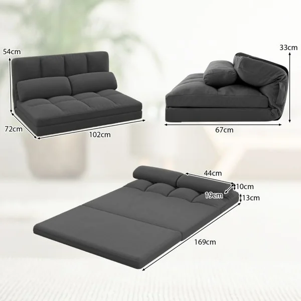 Canapé Lit Convertible en Velours Pliable Dossier Réglable à 6 Niveaux avec 2 Coussins Gris Clair/Gris Foncé