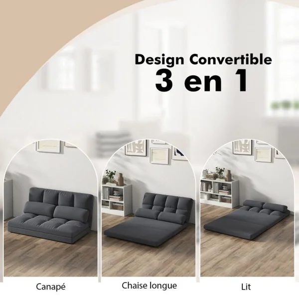 Canapé Lit Convertible en Velours Pliable Dossier Réglable à 6 Niveaux avec 2 Coussins Gris Clair/Gris Foncé