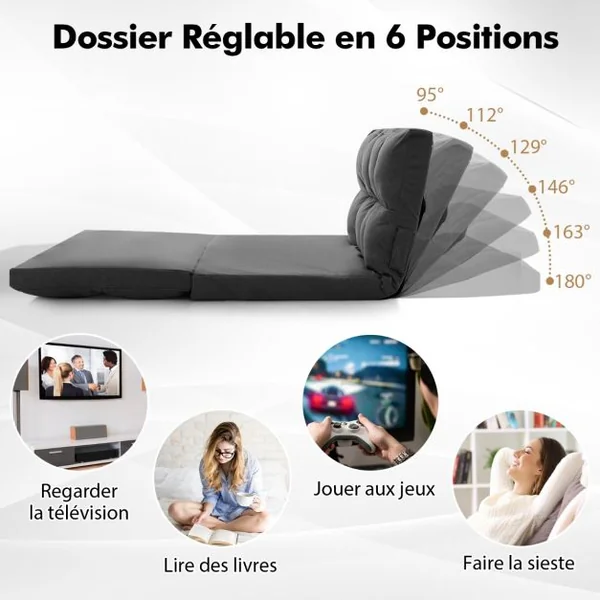 Canapé Lit Convertible en Velours Pliable Dossier Réglable à 6 Niveaux avec 2 Coussins Gris Clair/Gris Foncé