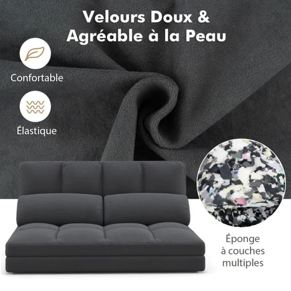 Canapé Lit Convertible en Velours Pliable Dossier Réglable à 6 Niveaux avec 2 Coussins Gris Clair/Gris Foncé