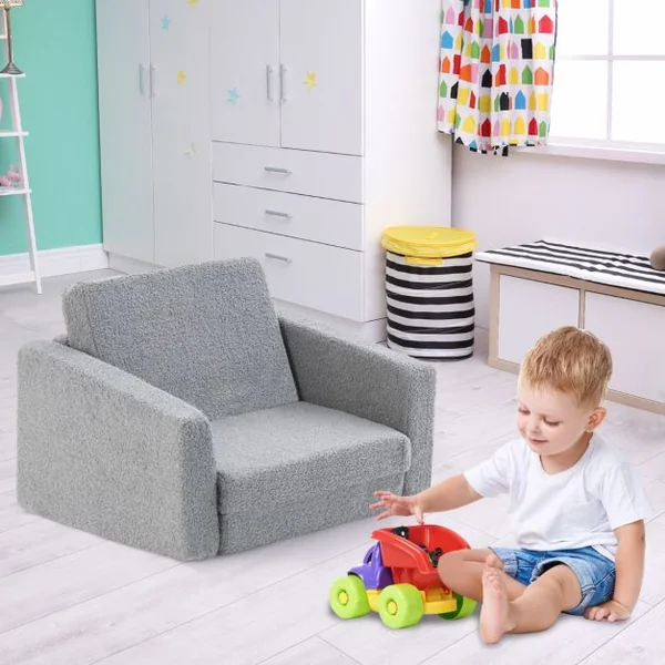 Canapé Lit Enfant 2 en 1 - 1 Place en Flanelle Textile avec Housse Amovible & Lavable Charge 50kg pour 18-36 Mois Gris
