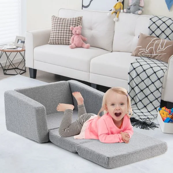 Canapé Lit Enfant 2 en 1 - 1 Place en Flanelle Textile avec Housse Amovible & Lavable Charge 50kg pour 18-36 Mois Gris