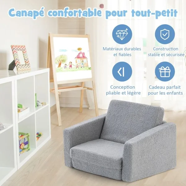 Canapé Lit Enfant 2 en 1 - 1 Place en Flanelle Textile avec Housse Amovible & Lavable Charge 50kg pour 18-36 Mois Gris