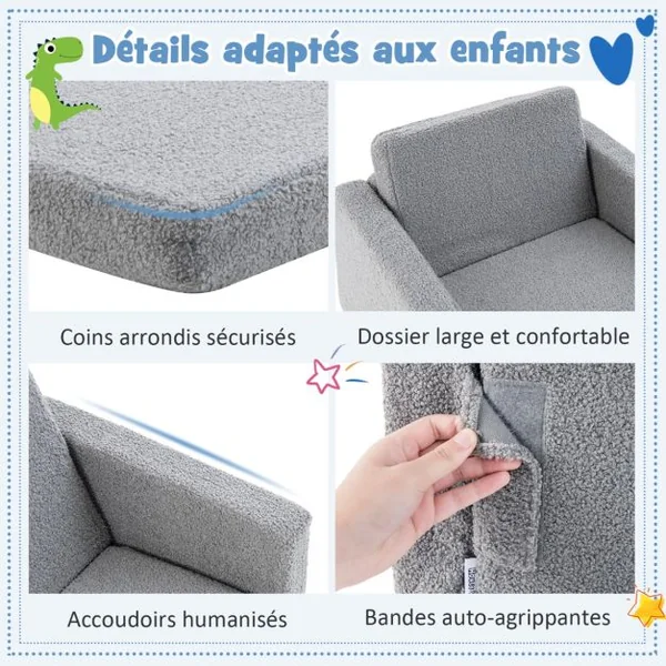 Canapé Lit Enfant 2 en 1 - 1 Place en Flanelle Textile avec Housse Amovible & Lavable Charge 50kg pour 18-36 Mois Gris