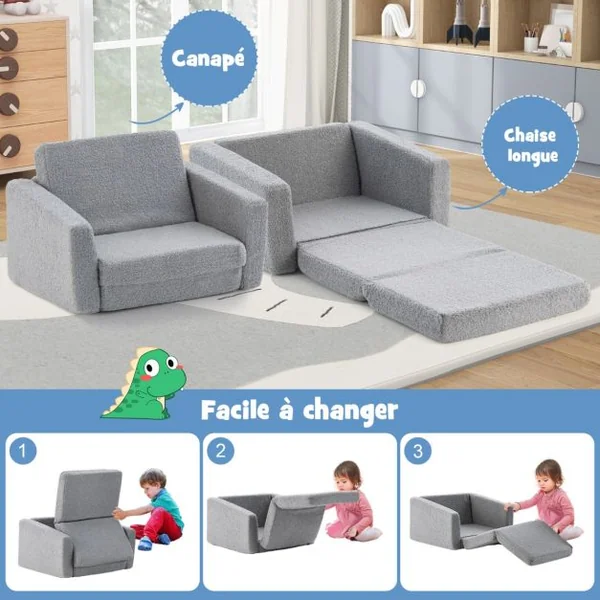 Canapé Lit Enfant 2 en 1 - 1 Place en Flanelle Textile avec Housse Amovible & Lavable Charge 50kg pour 18-36 Mois Gris