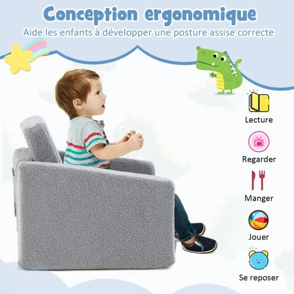 Canapé Lit Enfant 2 en 1 - 1 Place en Flanelle Textile avec Housse Amovible & Lavable Charge 50kg pour 18-36 Mois Gris