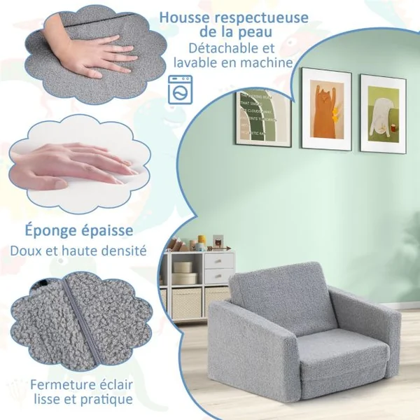 Canapé Lit Enfant 2 en 1 - 1 Place en Flanelle Textile avec Housse Amovible & Lavable Charge 50kg pour 18-36 Mois Gris