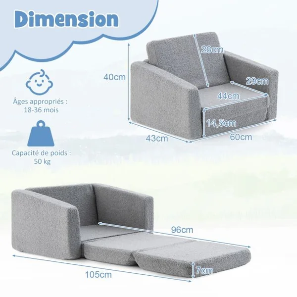 Canapé Lit Enfant 2 en 1 - 1 Place en Flanelle Textile avec Housse Amovible & Lavable Charge 50kg pour 18-36 Mois Gris