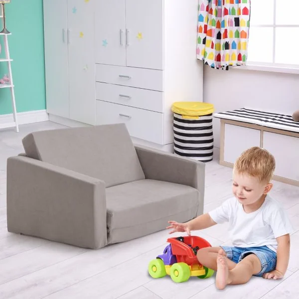 Canapé Lit Enfant 2 en 1 - 2 Place en Flanelle Textile avec Housse Amovible & Lavable Charge 50kg pour 18-36 Mois Gris