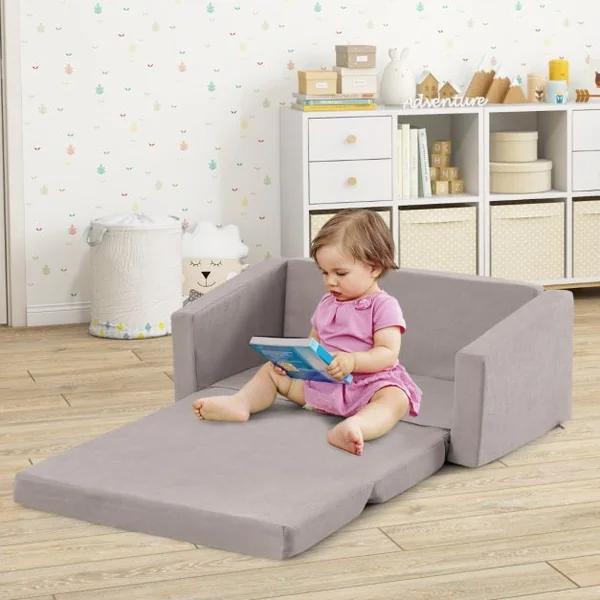 Canapé Lit Enfant 2 en 1 - 2 Place en Flanelle Textile avec Housse Amovible & Lavable Charge 50kg pour 18-36 Mois Gris