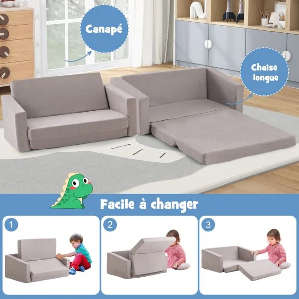 Canapé Lit Enfant 2 en 1 - 2 Place en Flanelle Textile avec Housse Amovible & Lavable Charge 50kg pour 18-36 Mois Gris