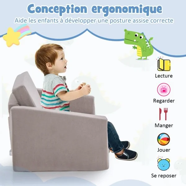 Canapé Lit Enfant 2 en 1 - 2 Place en Flanelle Textile avec Housse Amovible & Lavable Charge 50kg pour 18-36 Mois Gris