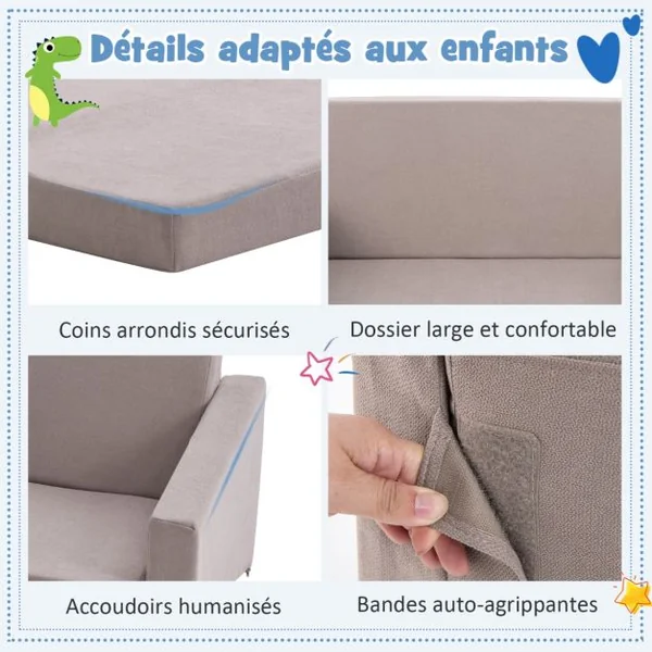 Canapé Lit Enfant 2 en 1 - 2 Place en Flanelle Textile avec Housse Amovible & Lavable Charge 50kg pour 18-36 Mois Gris